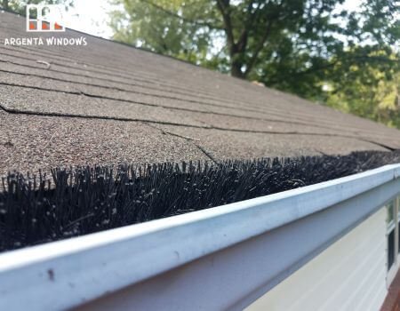Roof gutter with black bristles for drainage.